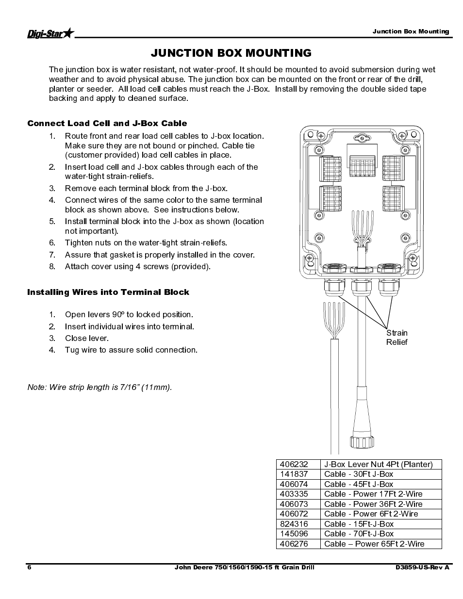 Connect load cell and j-box cable, Installing wires into terminal block | Digi-Star John Deere 455/1520/1530 User Manual | Page 8 / 14
