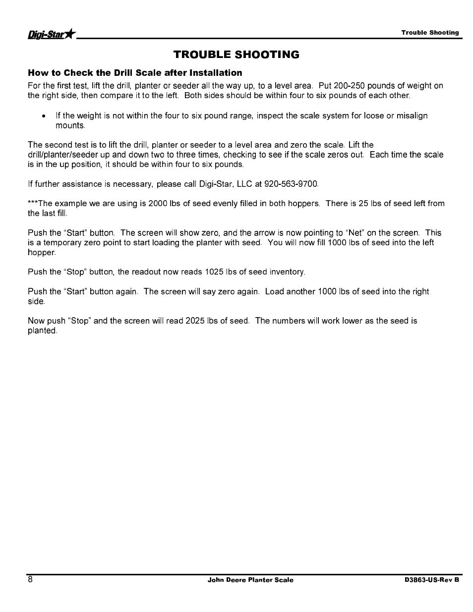 How to check the drill scale after installation | Digi-Star John Deere JD1770 12/16/24 Row CCS User Manual | Page 10 / 14