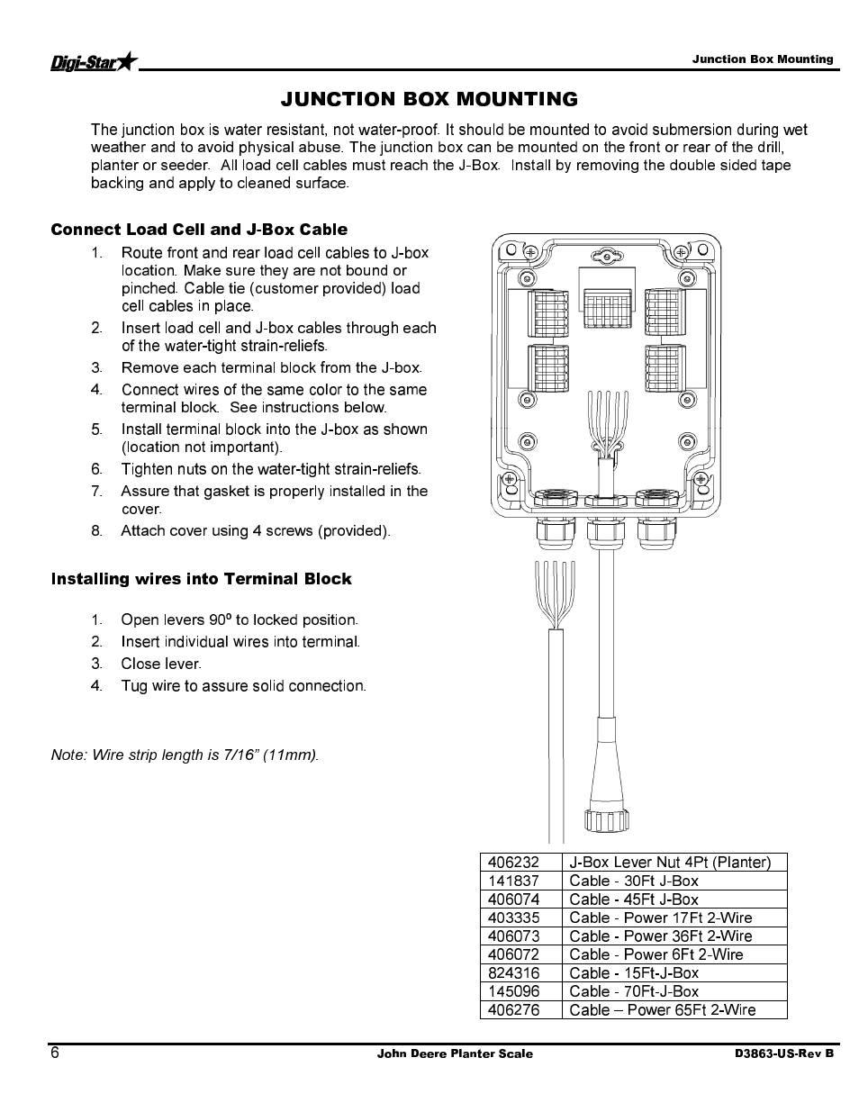 Connect load cell and j-box cable, Installing wires into terminal block | Digi-Star John Deere JD1770 12/16/24 Row CCS User Manual | Page 8 / 14