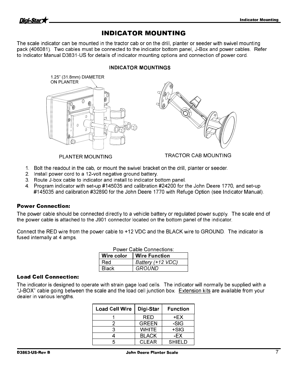 Power connection, Load cell connection | Digi-Star John Deere JD1770 12/16/24 Row CCS User Manual | Page 9 / 14