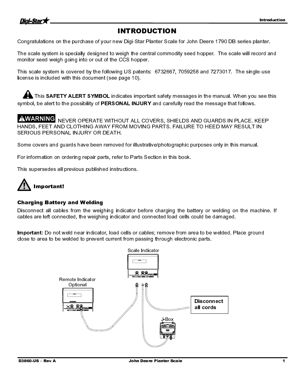 Important, Charging battery and welding | Digi-Star John Deere 1790 - Bauer Series CCS -Refuge Option User Manual | Page 3 / 14