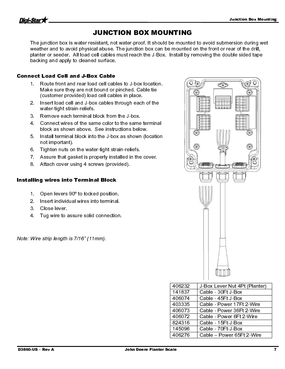Connect load cell and j-box cable, Installing wires into terminal block | Digi-Star John Deere 1790 - Bauer Series CCS -Refuge Option User Manual | Page 9 / 14