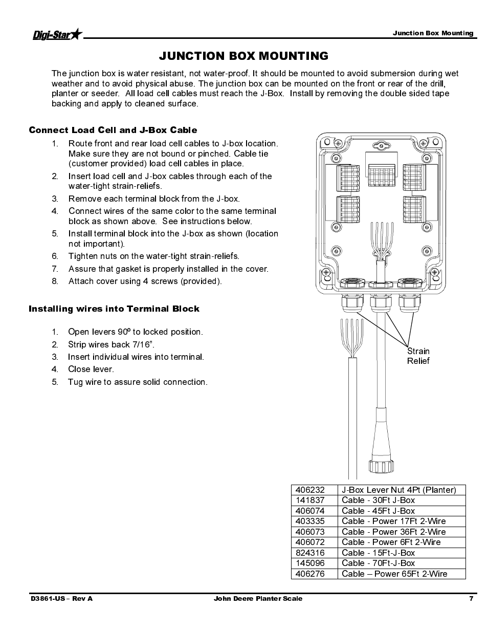 Connect load cell and j-box cable, Installing wires into terminal block | Digi-Star John Deere JD1790 New Style (2004) User Manual | Page 9 / 14