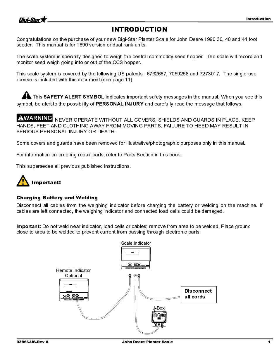 Important, Charging battery and welding | Digi-Star John Deere 1990 CCS Dual Rank 30/36/40/44 User Manual | Page 3 / 13
