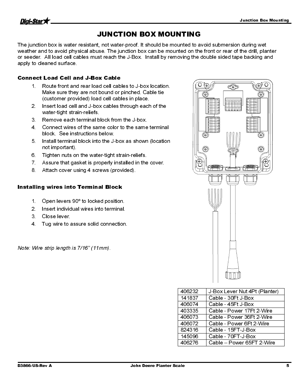 Connect load cell and j-box cable, Installing wires into terminal block | Digi-Star John Deere 1990 CCS Dual Rank 30/36/40/44 User Manual | Page 7 / 13
