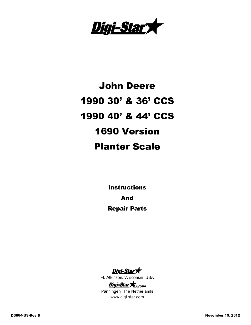 Digi-Star John Deere 1990 CCS Single Rank 30/36/40/44 User Manual | 13 pages