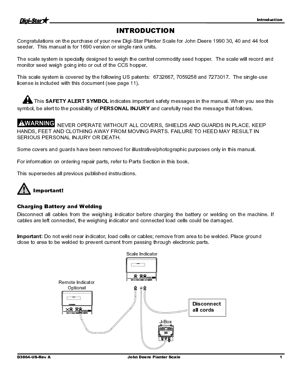 Important, Charging battery and welding | Digi-Star John Deere 1990 CCS Single Rank 30/36/40/44 User Manual | Page 3 / 13