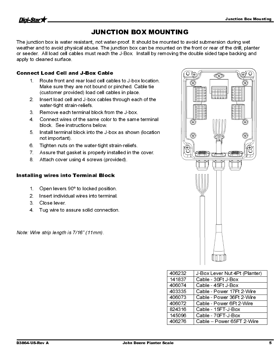 Connect load cell and j-box cable, Installing wires into terminal block | Digi-Star John Deere 1990 CCS Single Rank 30/36/40/44 User Manual | Page 7 / 13