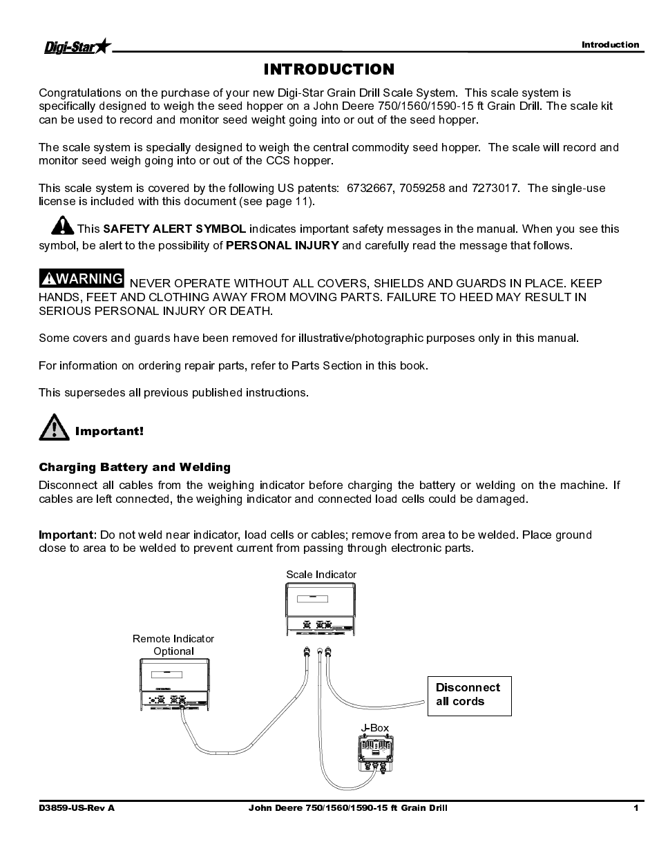Important, Charging battery and welding | Digi-Star John Deere 750/1560/1590- 15ft Drill User Manual | Page 3 / 13