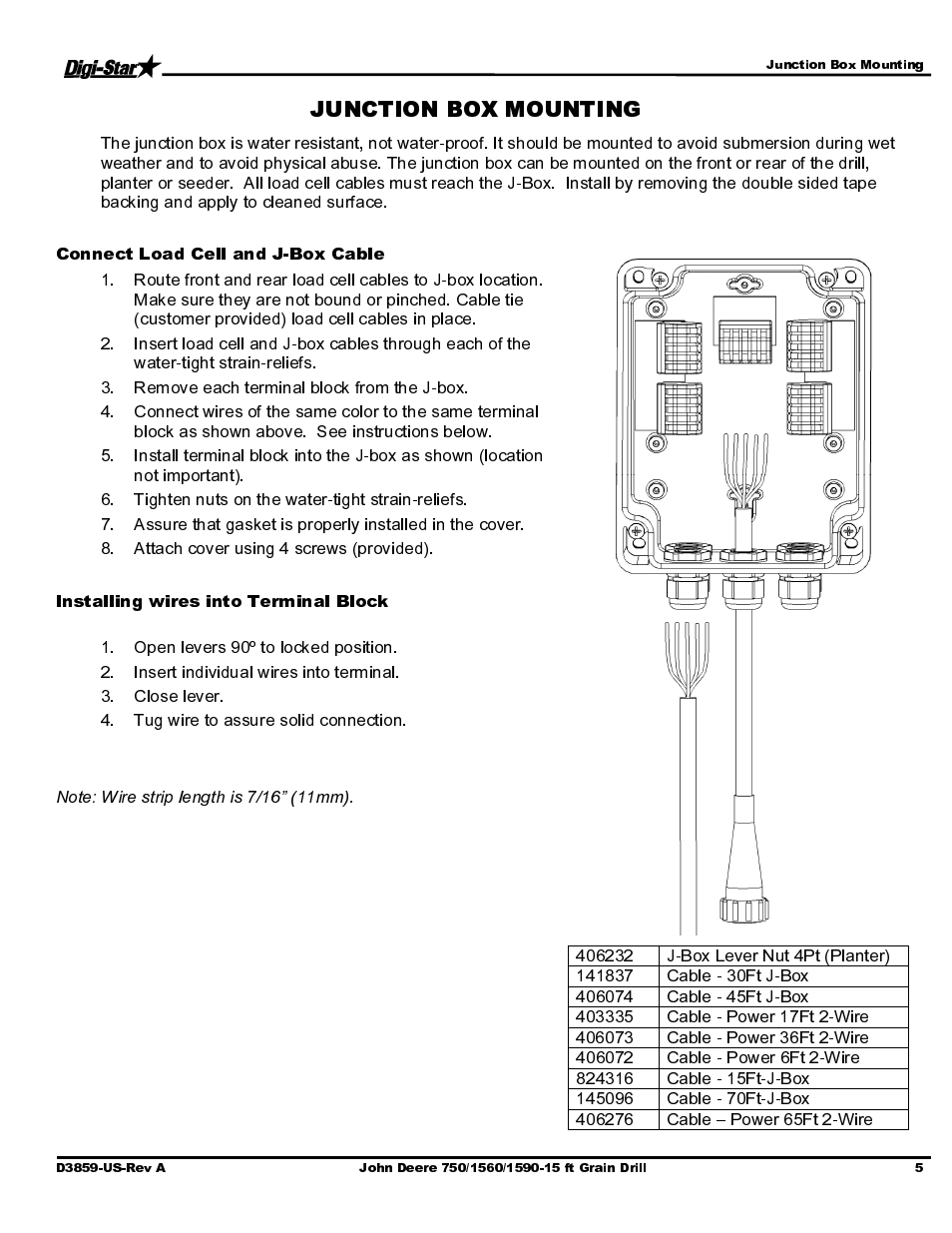 Connect load cell and j-box cable, Installing wires into terminal block | Digi-Star John Deere 750/1560/1590- 15ft Drill User Manual | Page 7 / 13