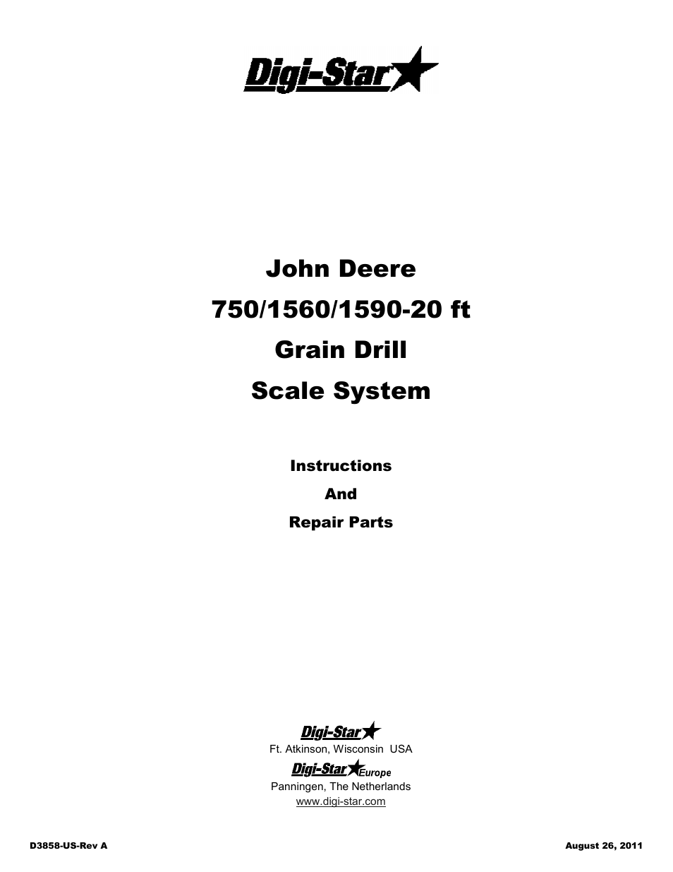 Digi-Star John Deere 750/1560/1590- 20ft Drill User Manual | 15 pages
