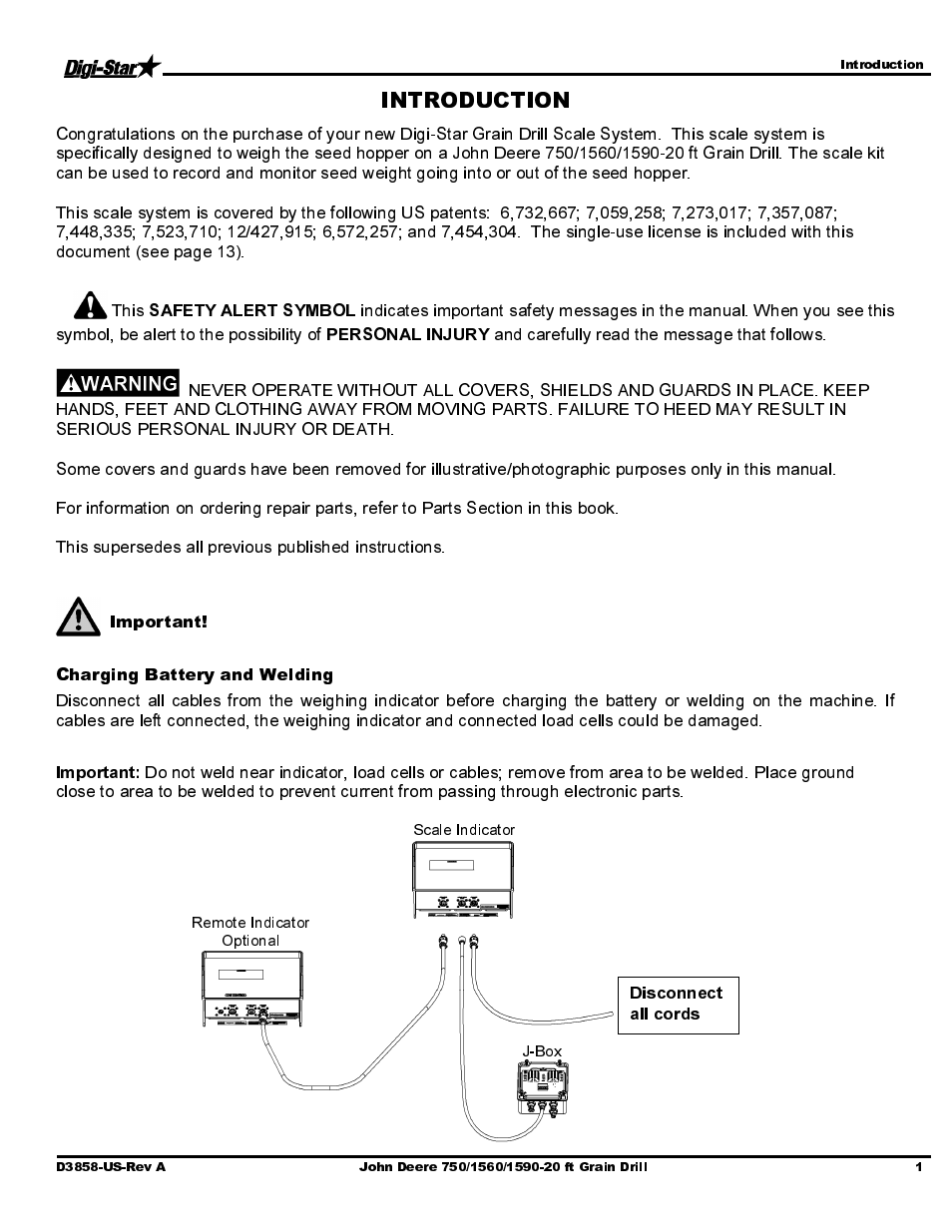 Important, Charging battery and welding | Digi-Star John Deere 750/1560/1590- 20ft Drill User Manual | Page 3 / 15