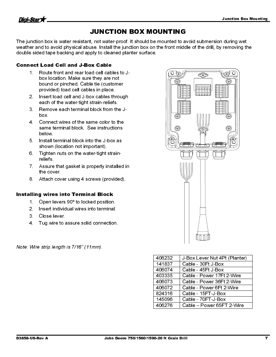 Connect load cell and j-box cable, Installing wires into terminal block | Digi-Star John Deere 750/1560/1590- 20ft Drill User Manual | Page 9 / 15