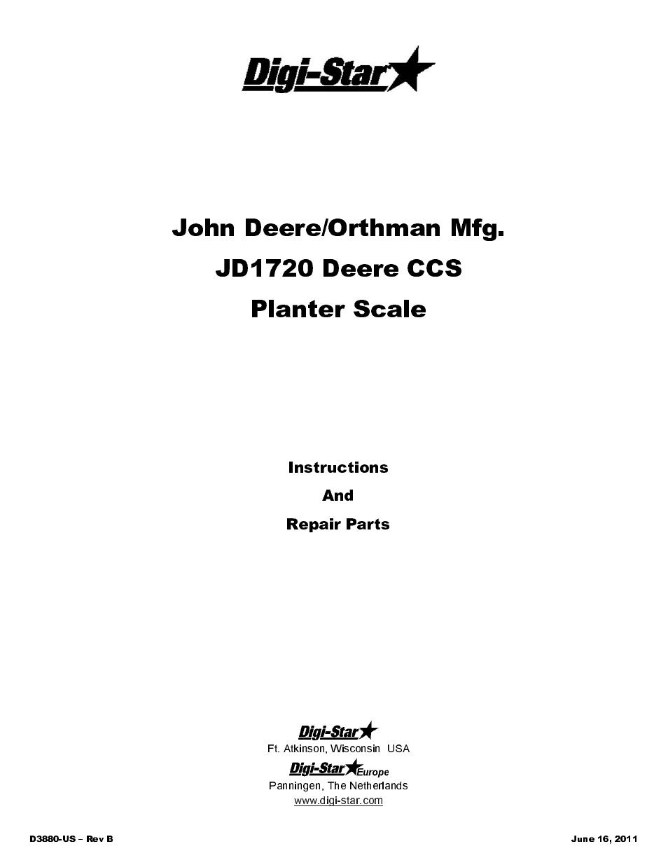 Digi-Star John Deere/Orthman Mfg JD 1720 Deere CCS User Manual | 16 pages