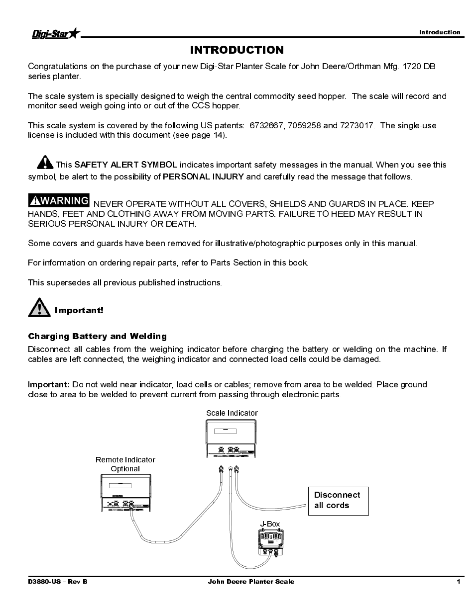 Important, Charging battery and welding | Digi-Star John Deere/Orthman Mfg JD 1720 Deere CCS User Manual | Page 3 / 16