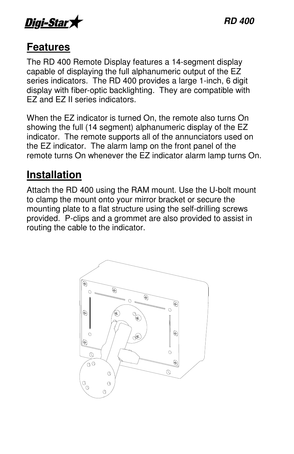 Features, Installation | Digi-Star RD 400 User Manual | Page 2 / 4