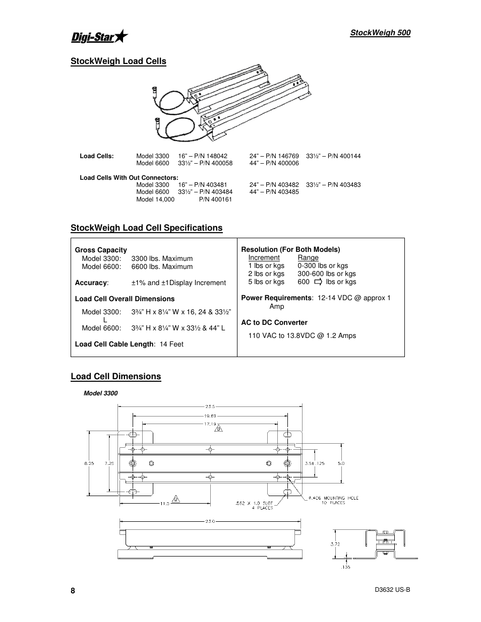 Stockweigh load cells, Stockweigh load cell specifications, Load cell dimensions | Digi-Star StockWeigh 500 User Manual | Page 12 / 24