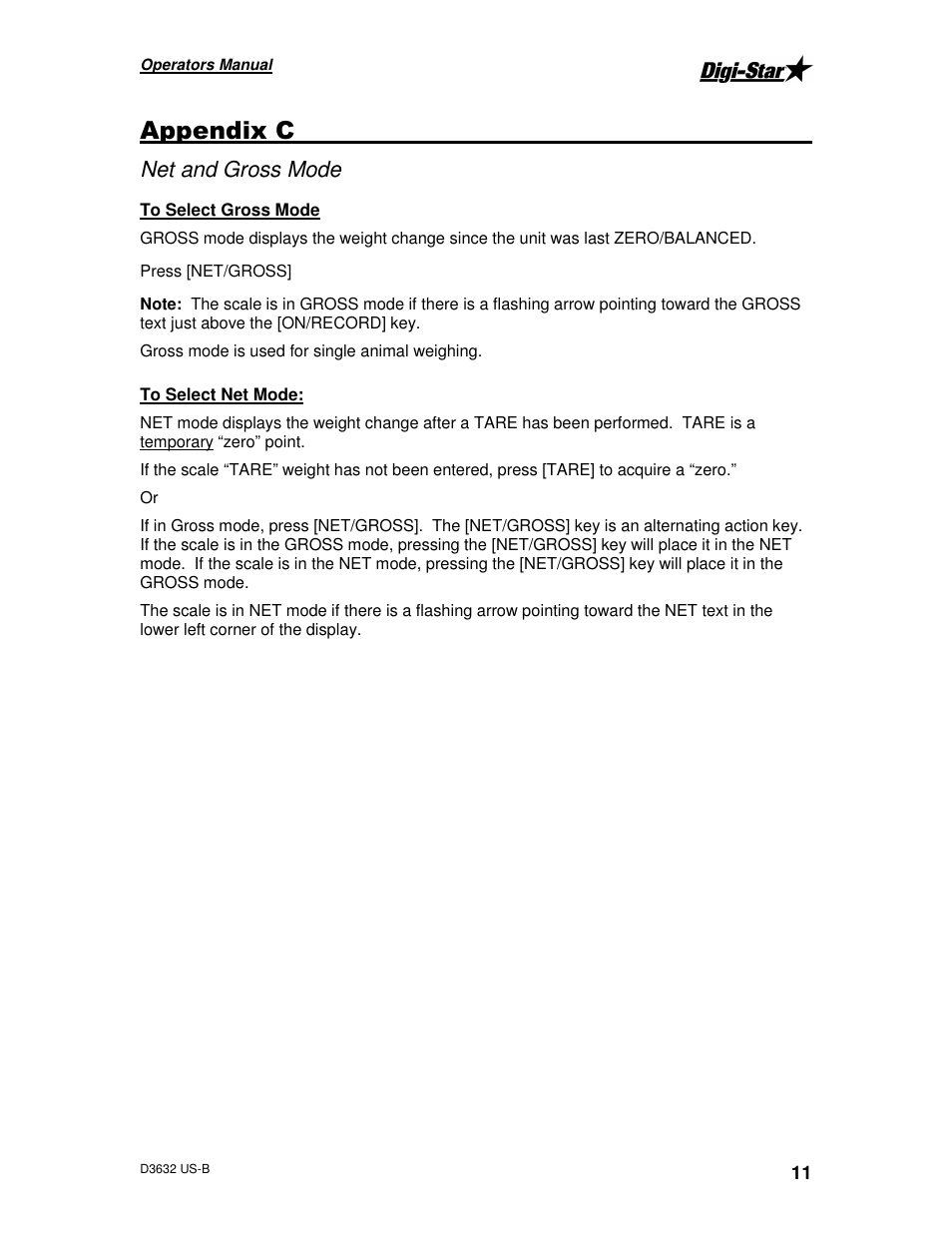 Net and gross mode | Digi-Star StockWeigh 500 User Manual | Page 15 / 24