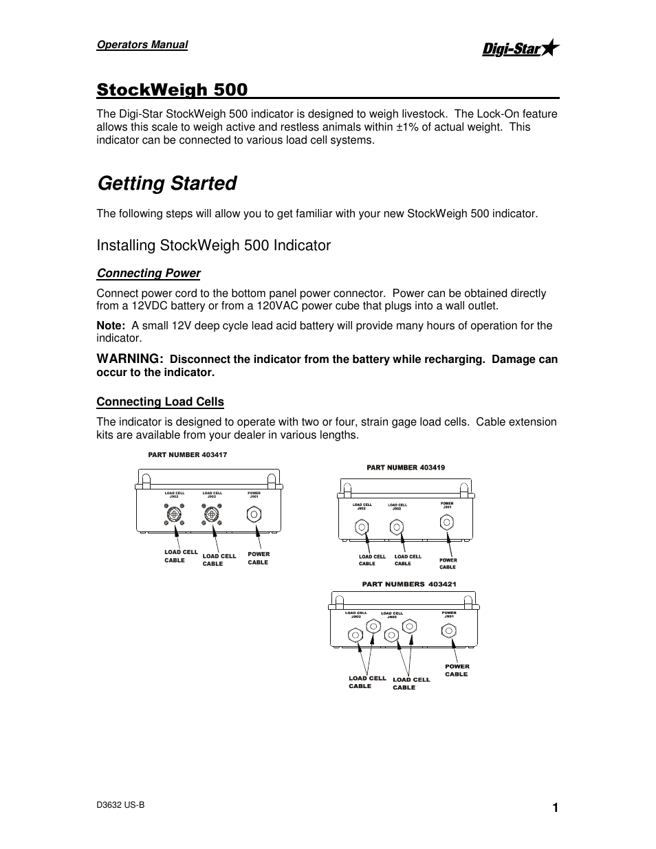 Getting started, Installing stockweigh 500 indicator, Warning | Connecting power, Connecting load cells | Digi-Star StockWeigh 500 User Manual | Page 5 / 24