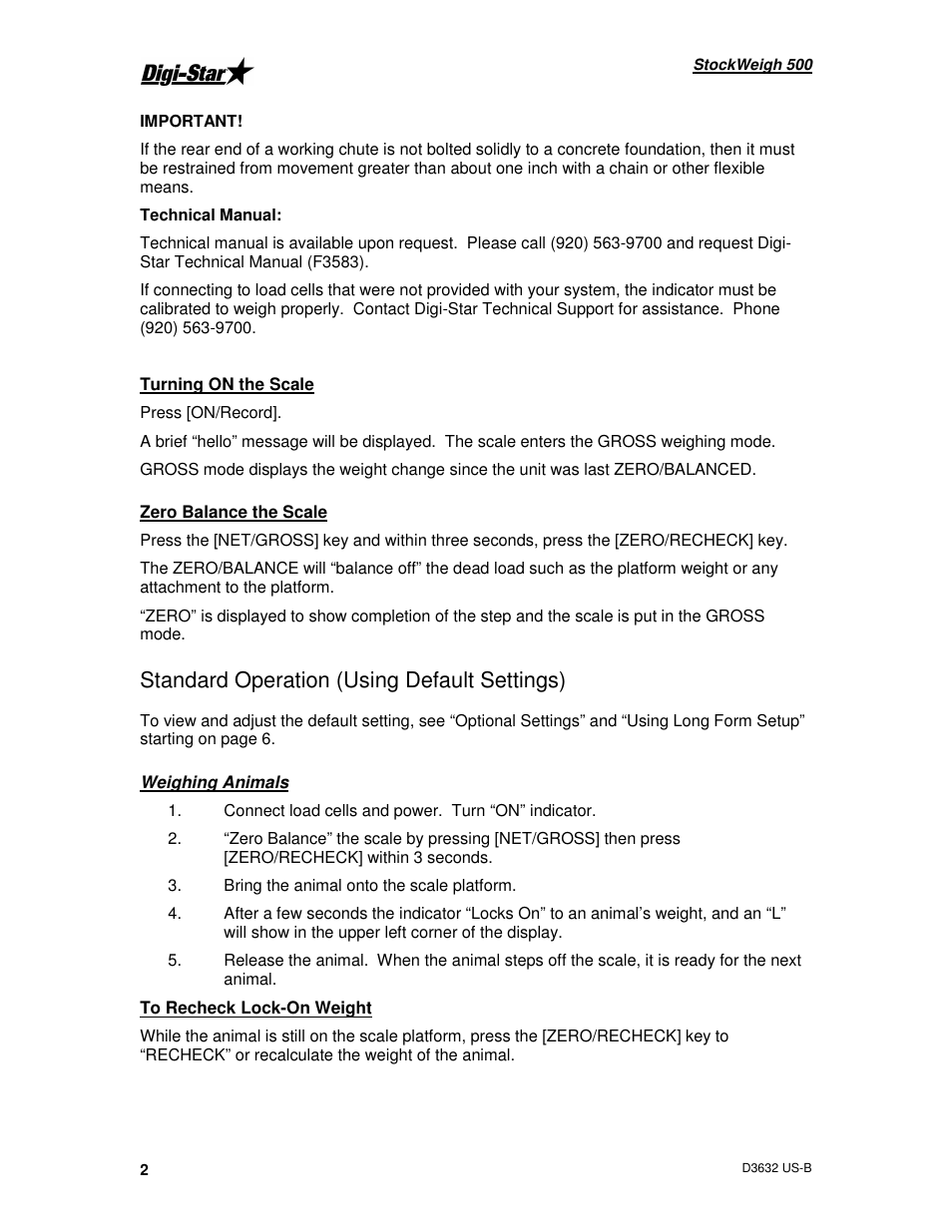 Standard operation (using default settings) | Digi-Star StockWeigh 500 User Manual | Page 6 / 24