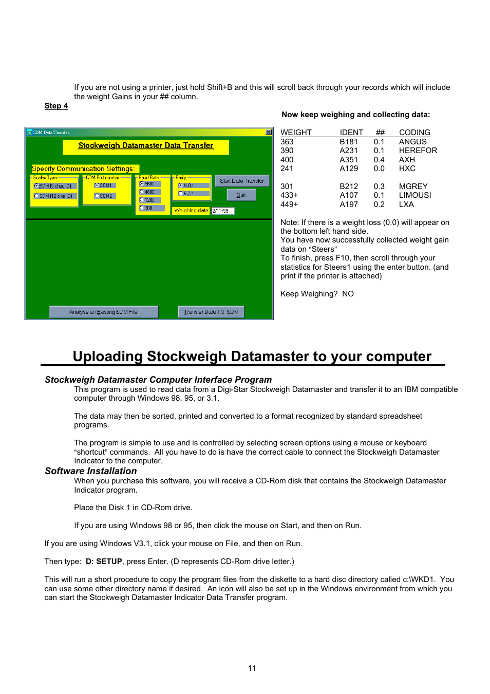 Uploading stockweigh datamaster to your computer, Stockweigh datamaster computer interface program | Digi-Star Stockweigh Datamaster Indicator User Manual | Page 11 / 30