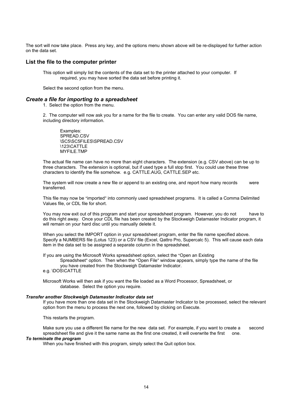 List the file to the computer printer, Create a file for importing to a spreadsheet | Digi-Star Stockweigh Datamaster Indicator User Manual | Page 14 / 30