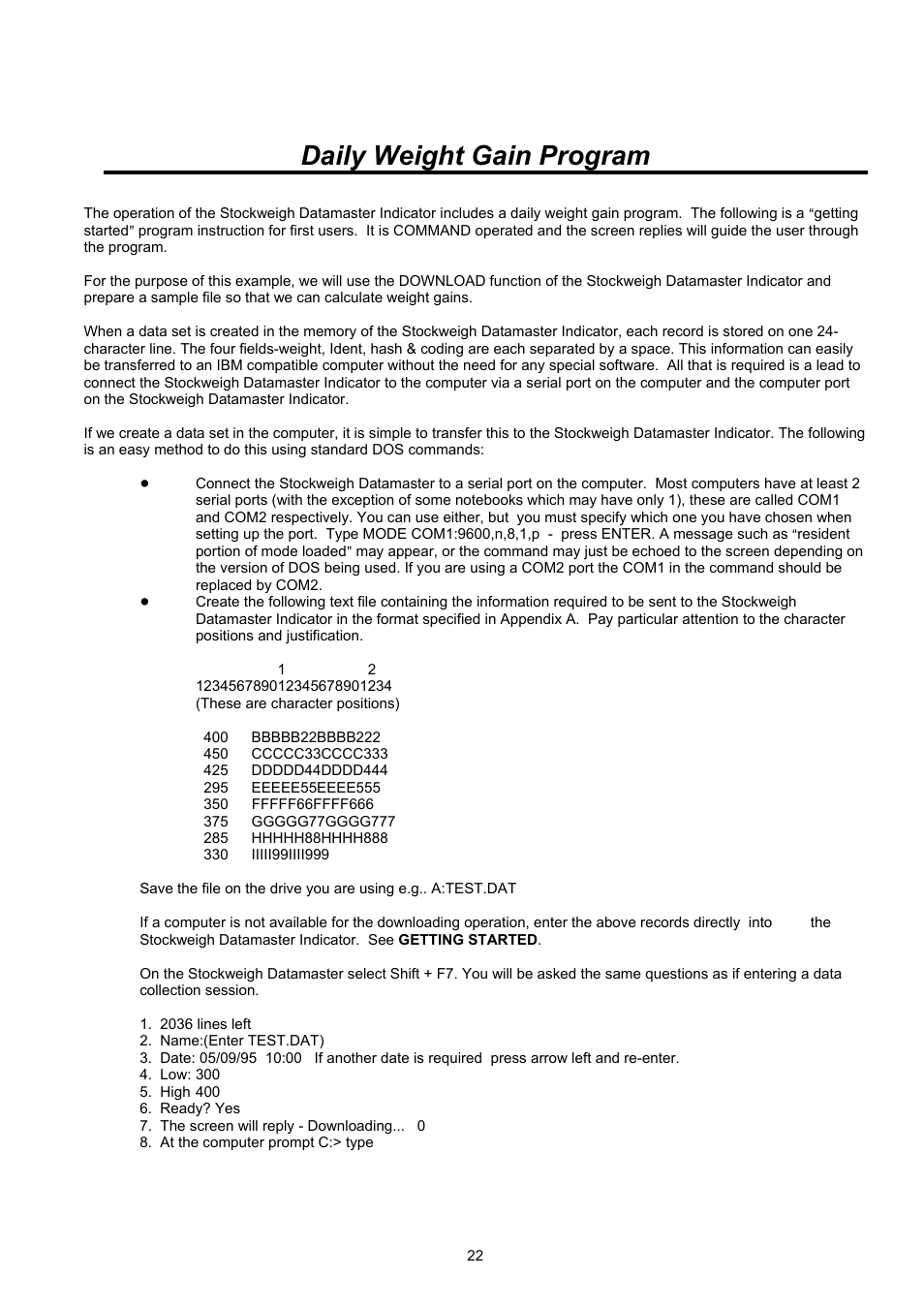 Daily weight gain program | Digi-Star Stockweigh Datamaster Indicator User Manual | Page 22 / 30
