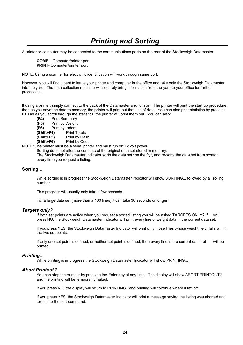 Printing and sorting | Digi-Star Stockweigh Datamaster Indicator User Manual | Page 24 / 30