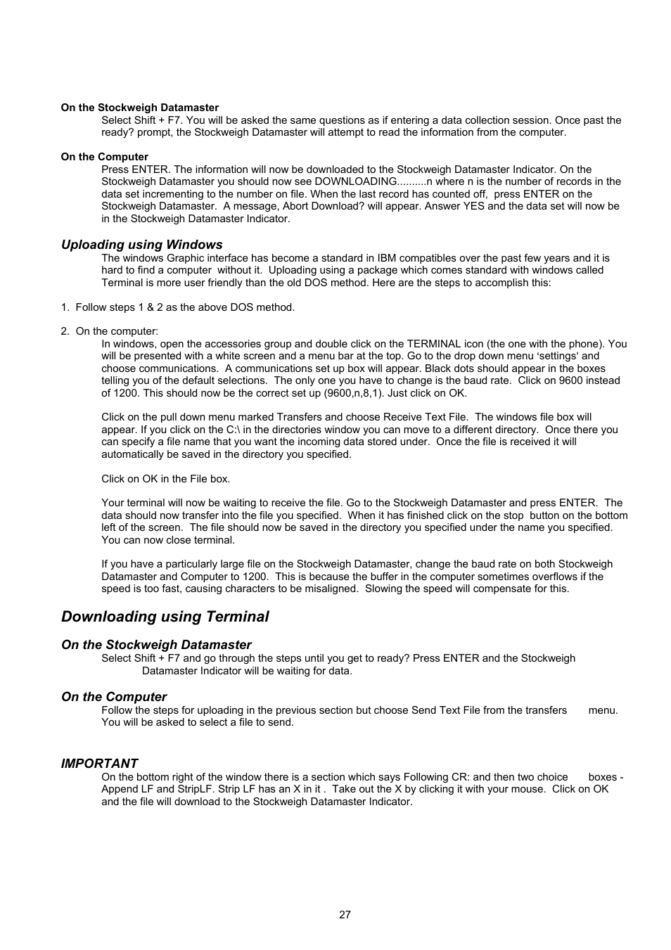 Downloading using terminal | Digi-Star Stockweigh Datamaster Indicator User Manual | Page 27 / 30