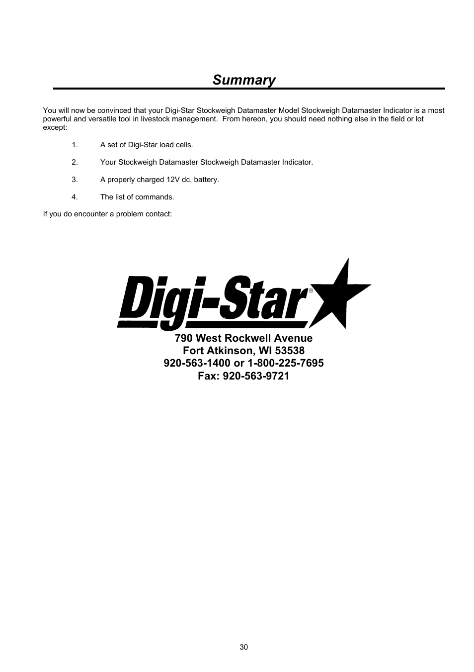 Summary | Digi-Star Stockweigh Datamaster Indicator User Manual | Page 30 / 30