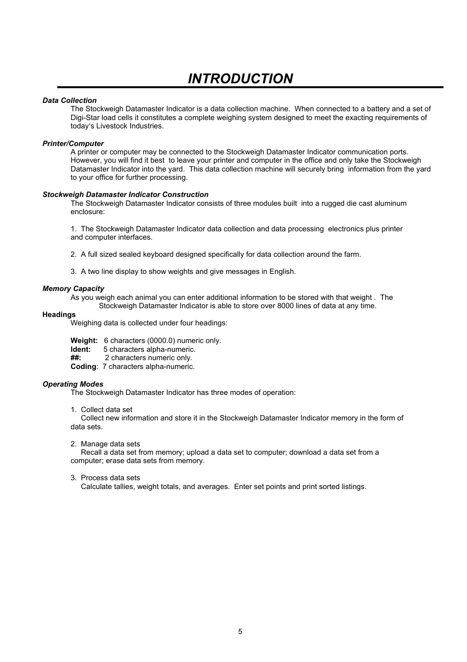 Introduction | Digi-Star Stockweigh Datamaster Indicator User Manual | Page 5 / 30