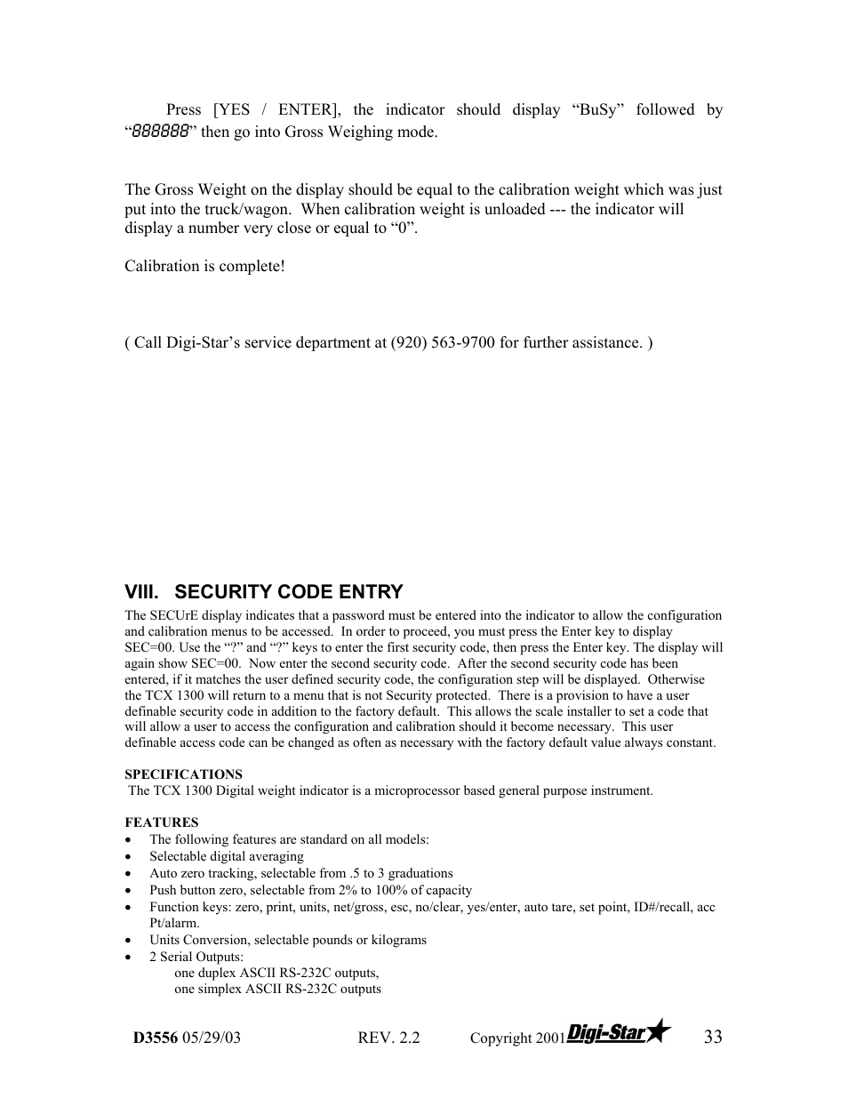 Viii. security code entry | Digi-Star TCX-1000 SERIES User Manual | Page 33 / 38