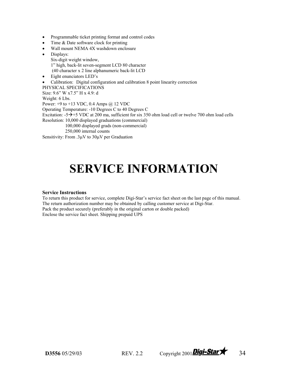Service information | Digi-Star TCX-1000 SERIES User Manual | Page 34 / 38