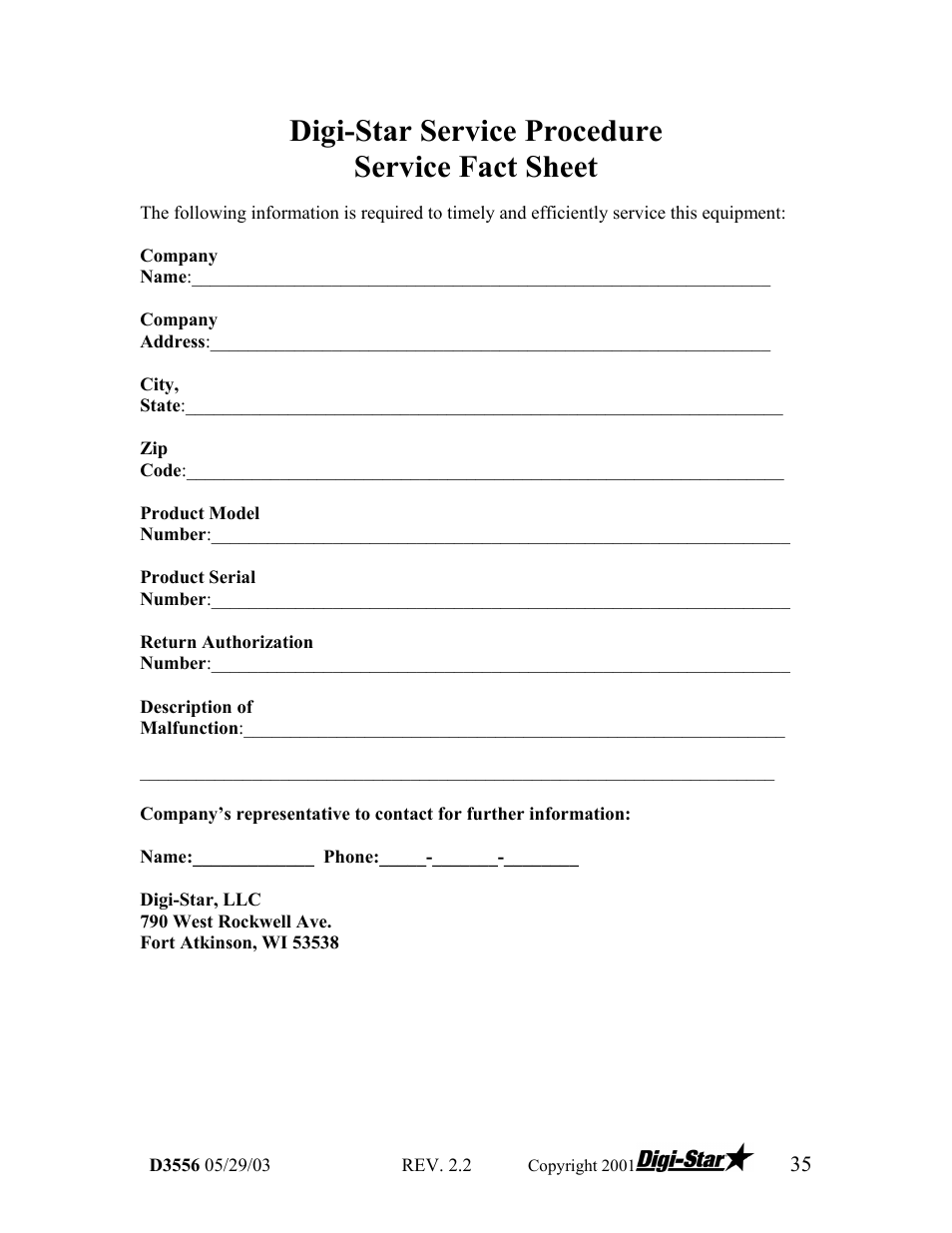 Digi-star service procedure service fact sheet | Digi-Star TCX-1000 SERIES User Manual | Page 35 / 38