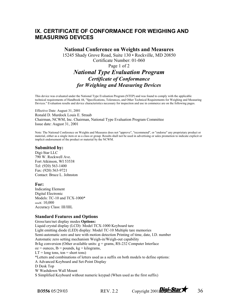 National type evaluation program, National conference on weights and measures | Digi-Star TCX-1000 SERIES User Manual | Page 36 / 38