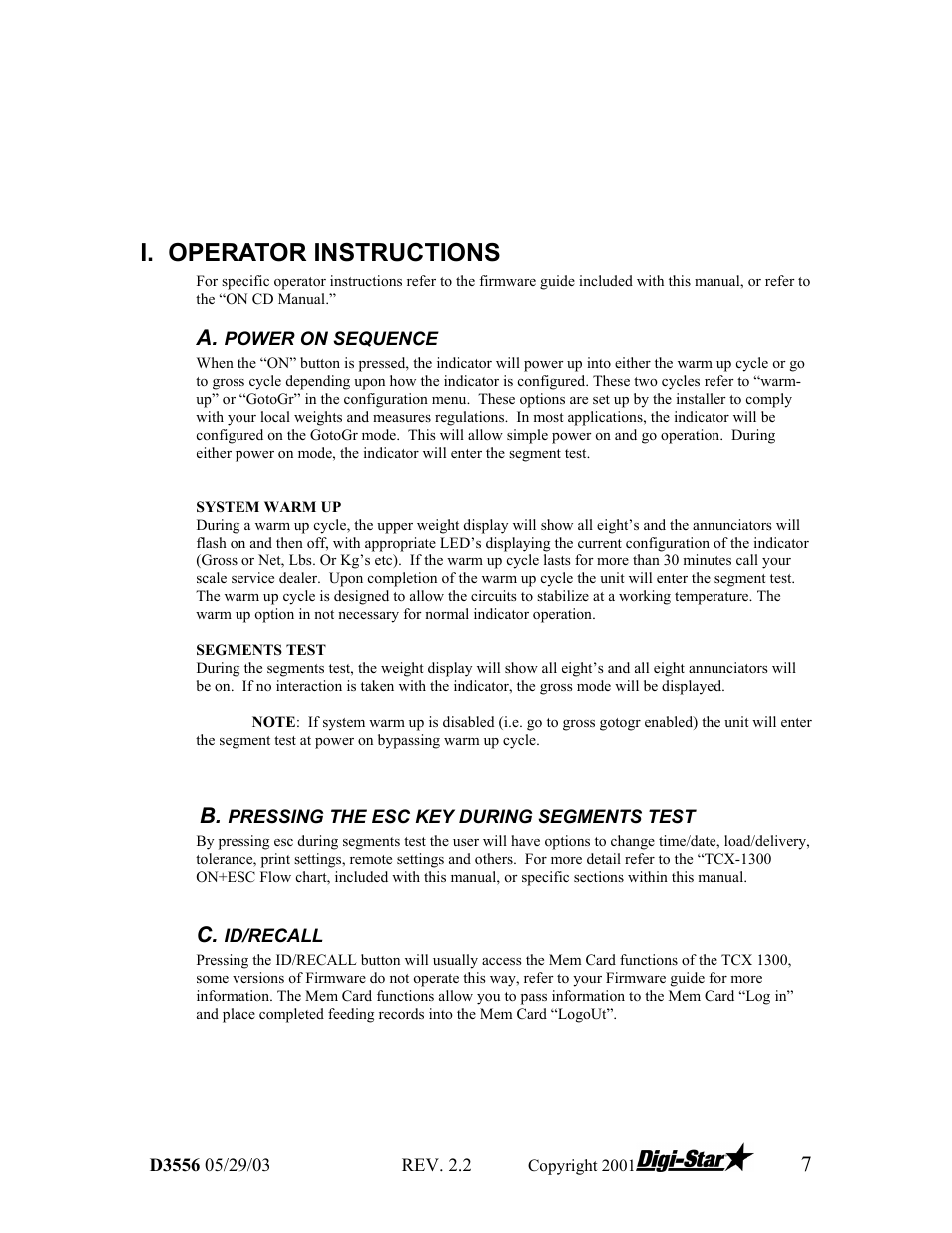 I. operator instructions | Digi-Star TCX-1000 SERIES User Manual | Page 7 / 38