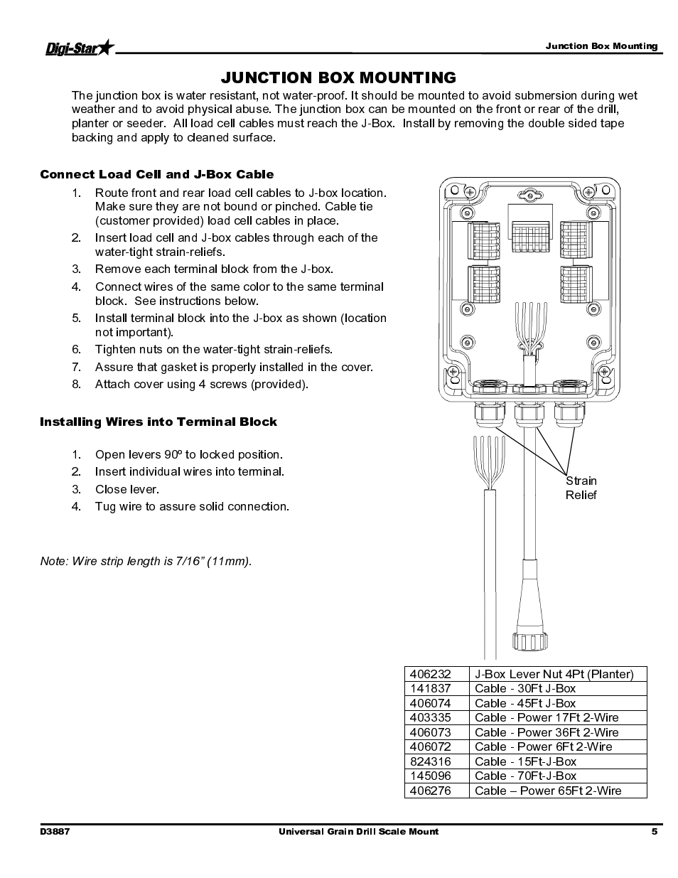 Connect load cell and j-box cable, Installing wires into terminal block | Digi-Star Universal Grain Drill System User Manual | Page 7 / 12