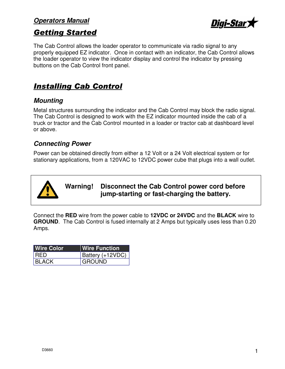 Operators manual, Mounting, Connecting power | Digi-Star Cab Control 2000/V User Manual | Page 3 / 7