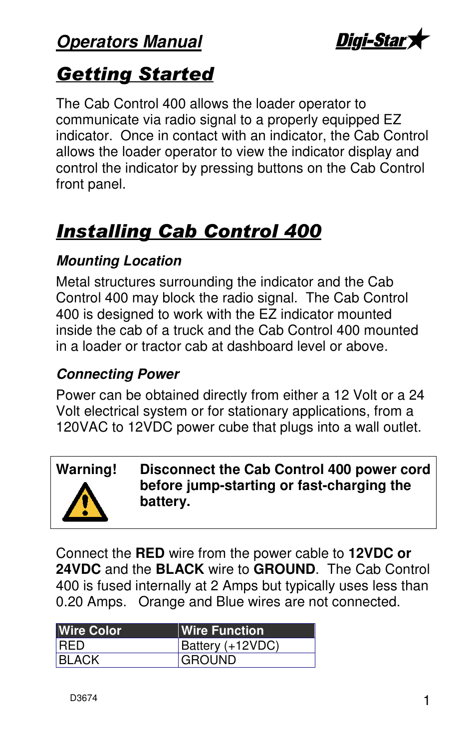 Operators manual | Digi-Star Cab Control 400 User Manual | Page 3 / 9