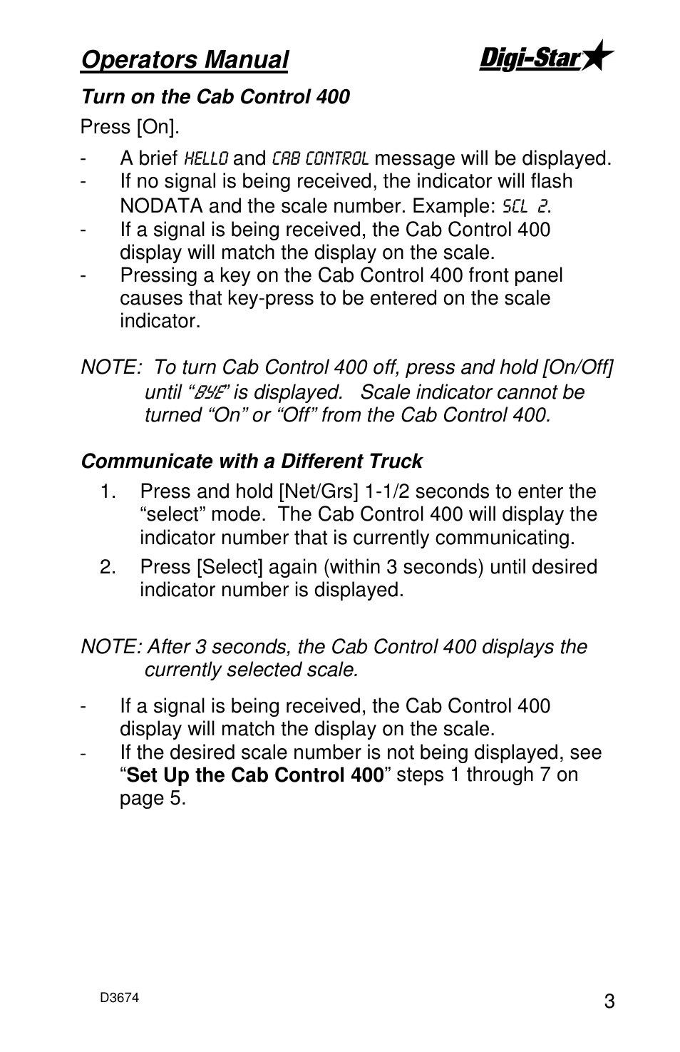 Operators manual | Digi-Star Cab Control 400 User Manual | Page 5 / 9