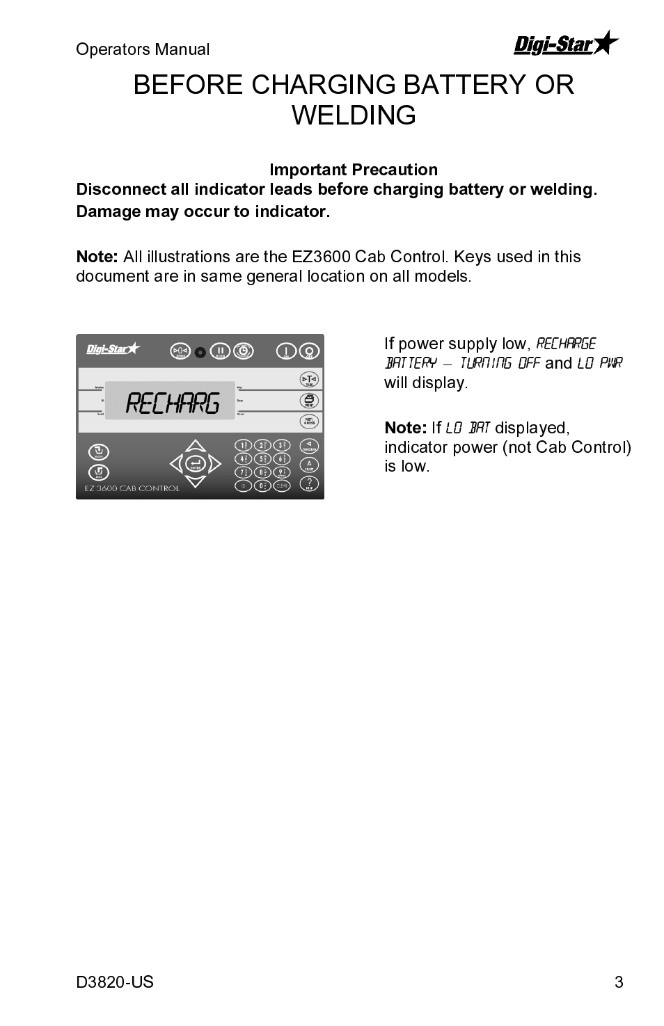 Recharg, Before charging battery or welding | Digi-Star Cab Control 2400 User Manual | Page 3 / 8