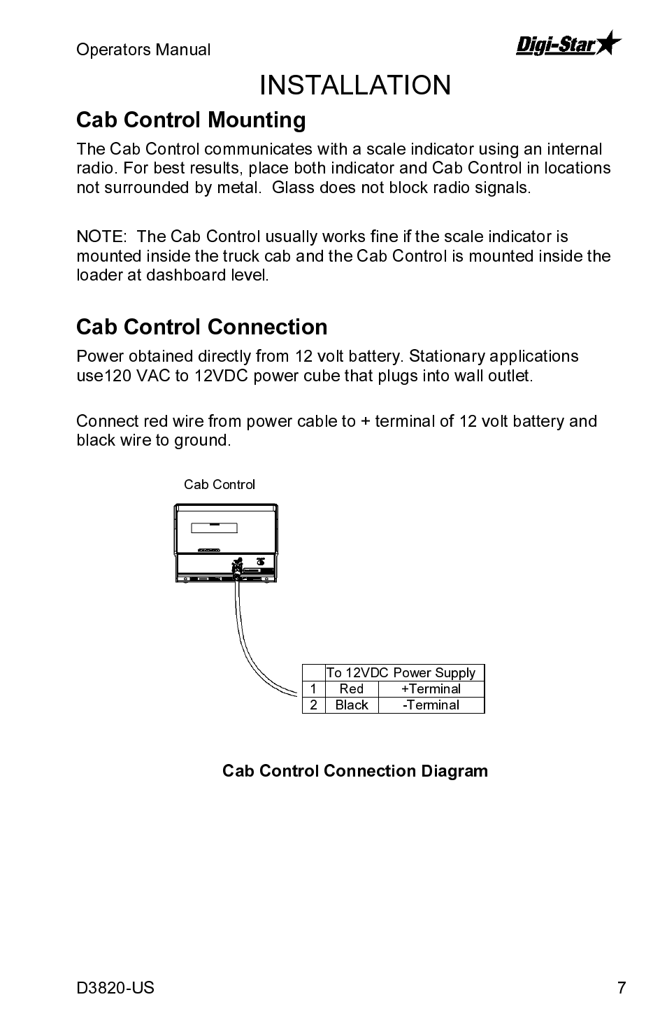 Installation | Digi-Star Cab Control 2400 User Manual | Page 7 / 8