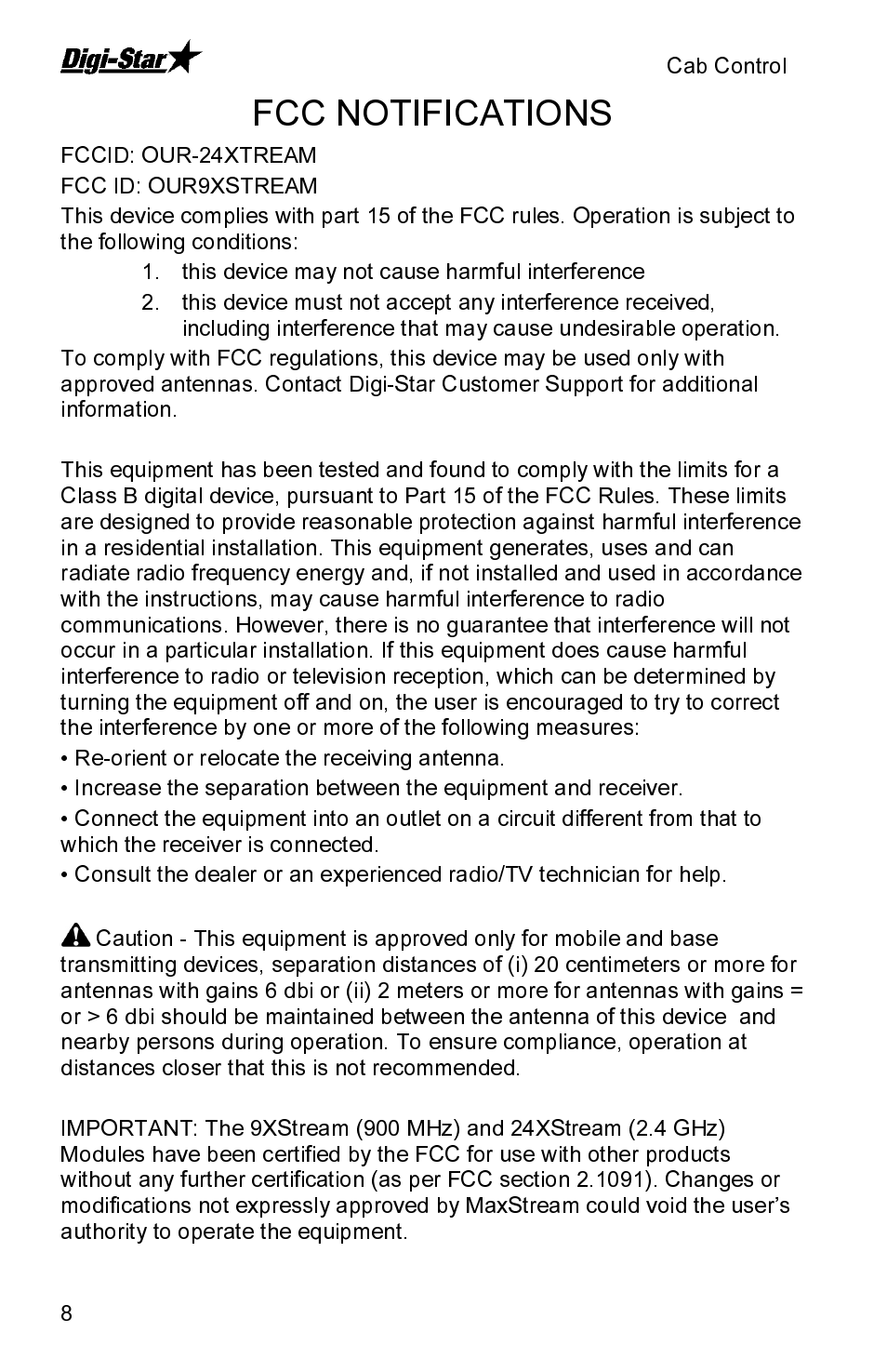 Fcc notifications | Digi-Star Cab Control 2400 User Manual | Page 8 / 8