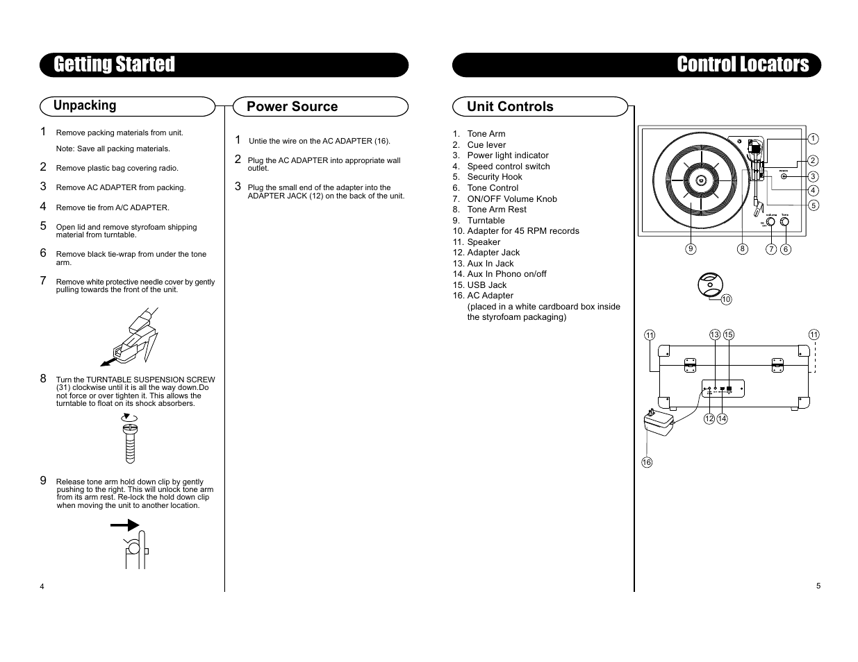 Getting started, Control locators, Unpacking | Power source, Unit controls | Crosley Radio KEEPSAKE CR249 User Manual | Page 5 / 5