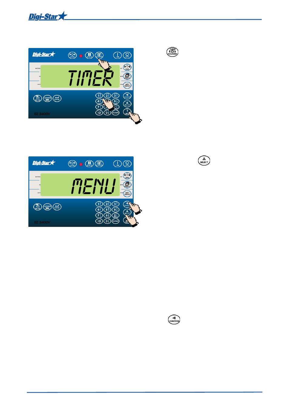 Restarting the mixing clock, Function and select key, Menu | Timer | Digi-Star EZ3400(V) User Manual | Page 24 / 40