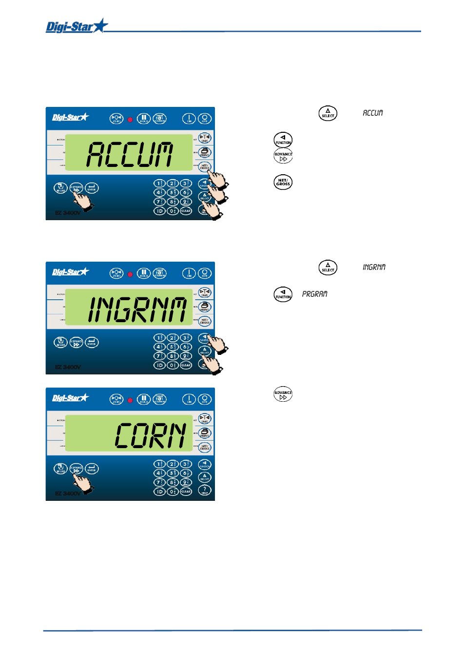 Calling up accumulative ingredient amounts, Deleting accumulative ingredient amounts, Accum | Ingrnm, Corn | Digi-Star EZ3400(V) User Manual | Page 25 / 40