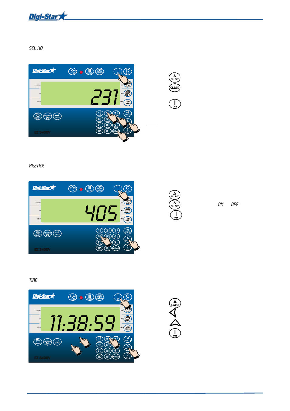 Radio number, Entering tare weight, Setting actual time | Digi-Star EZ3400(V) User Manual | Page 29 / 40