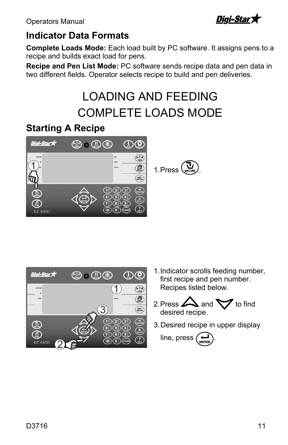 Loading and feeding complete loads mode, Indicator data formats, Starting a recipe | Digi-Star EZ4600 User Manual | Page 11 / 35