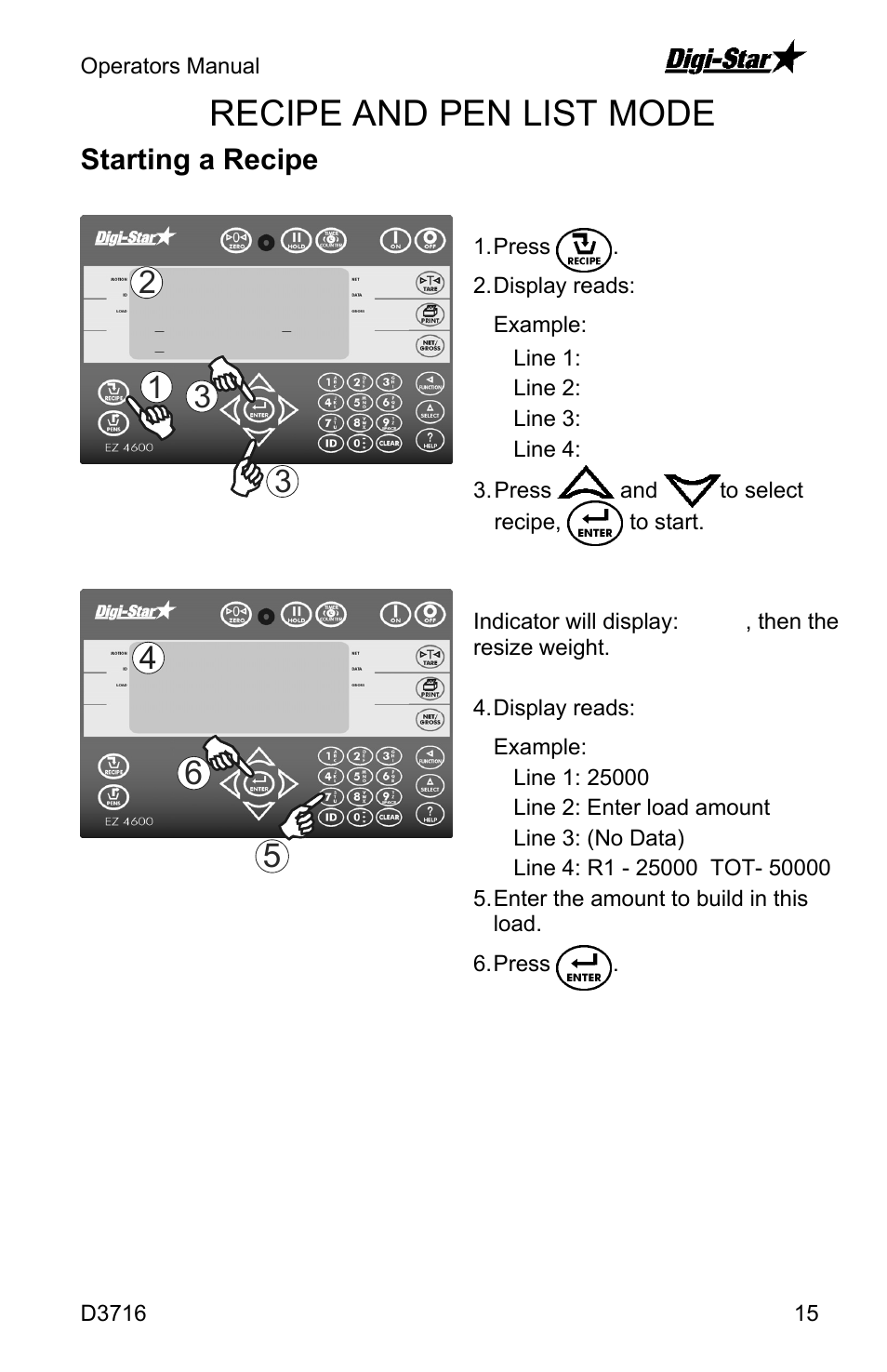 Recipe and pen list mode, Starting a recipe | Digi-Star EZ4600 User Manual | Page 15 / 35