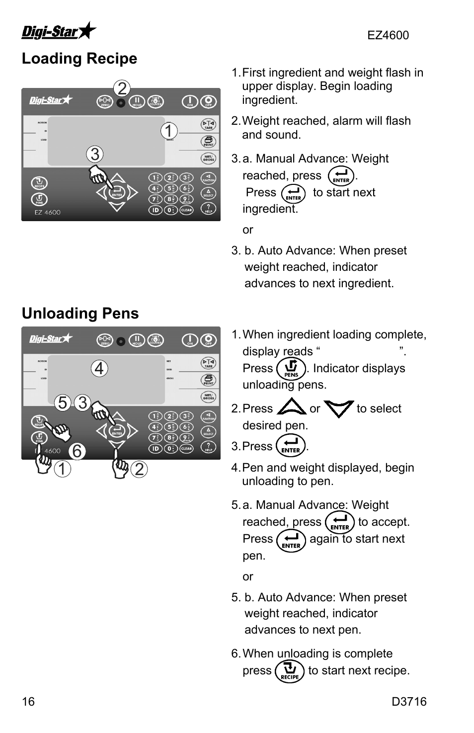 Loading recipe, Unloading pens | Digi-Star EZ4600 User Manual | Page 16 / 35